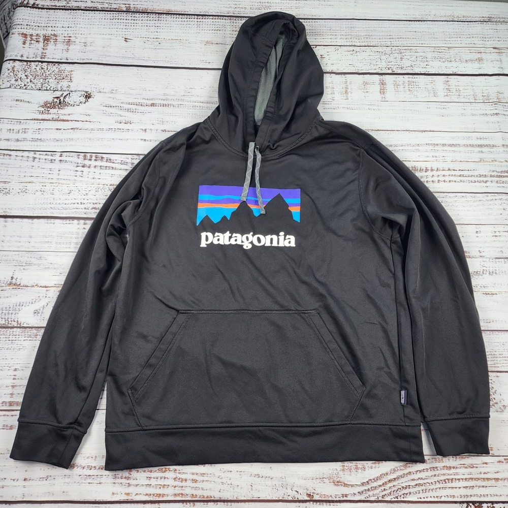 Patagonia Shop Sticker PolyCycle Hoody Men L Black Sweatshirt 39554 Fleece